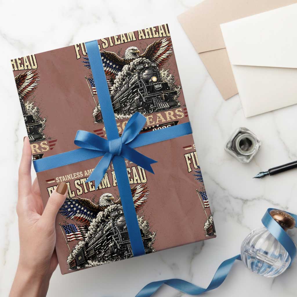 Full Steam Ahead Patriotic Bald Eagle Wrapping Paper Roll Vintage Stainless American Spirit Steam Locomotive Heritage