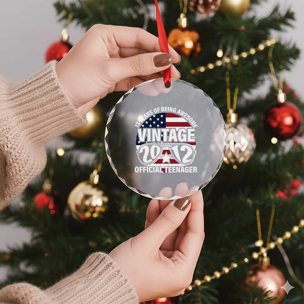 Funny 13th Birthday Crystal Glass Ornament Vintage 2012 Official Teenager 13 Years Of Being Awesome USA Flag Sunglasses - Print Your Wear