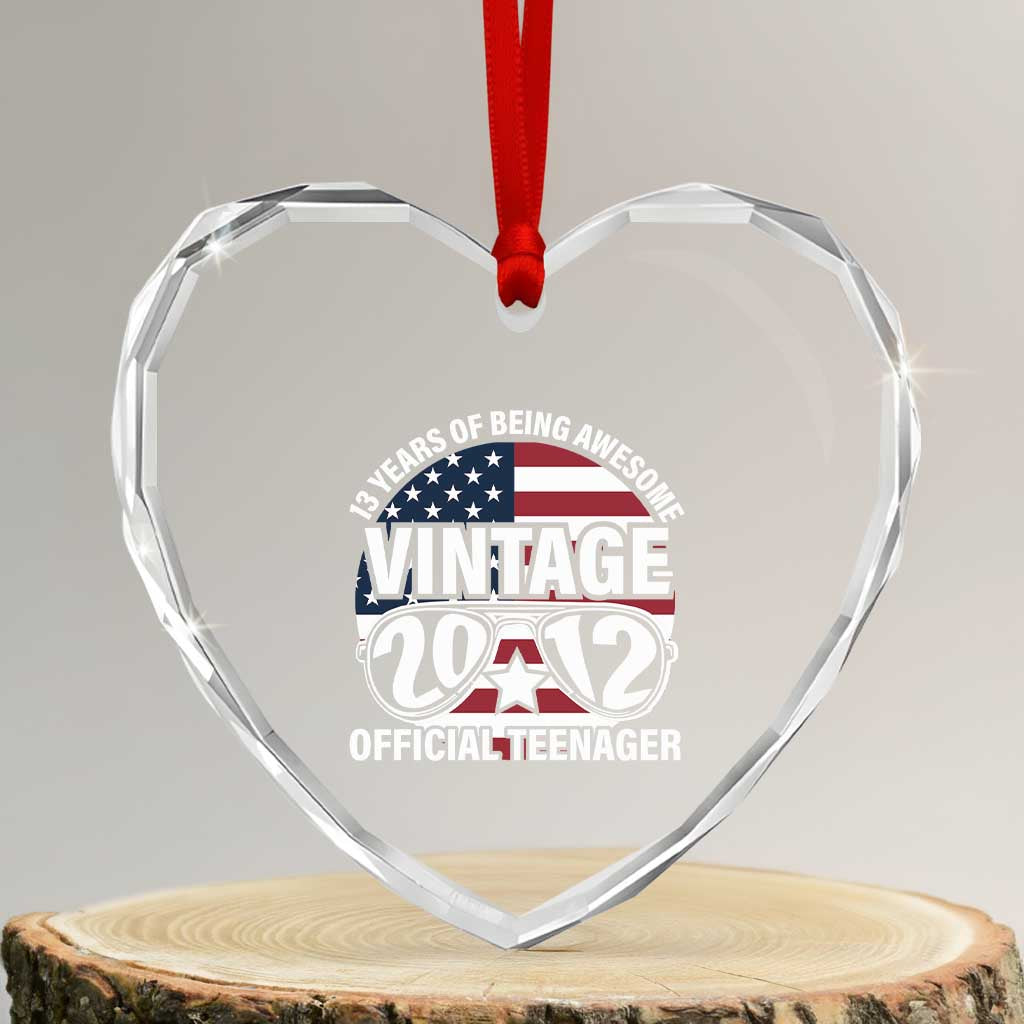 Funny 13th Birthday Heart Crystal Glass Ornament Vintage 2012 Official Teenager 13 Years Of Being Awesome USA Flag Sunglasses - Print Your Wear