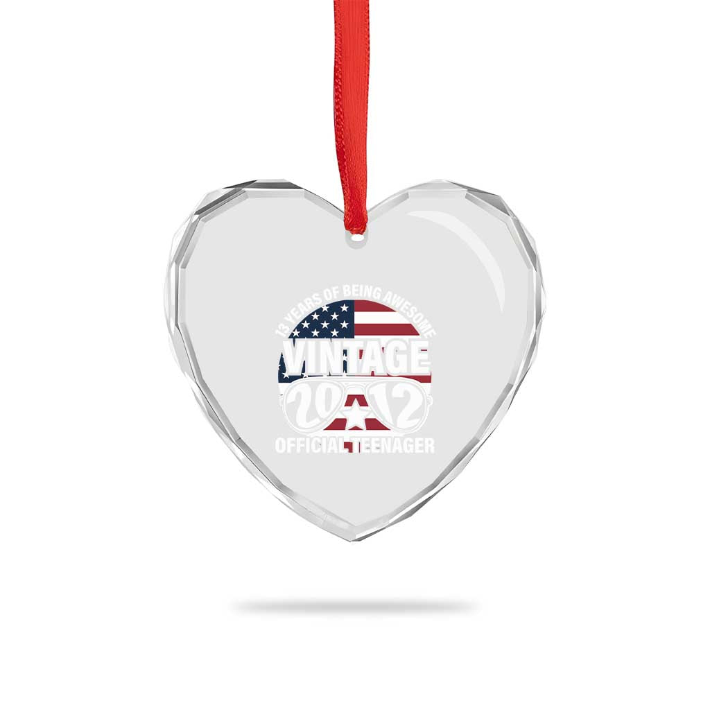 Funny 13th Birthday Heart Crystal Glass Ornament Vintage 2012 Official Teenager 13 Years Of Being Awesome USA Flag Sunglasses - Print Your Wear
