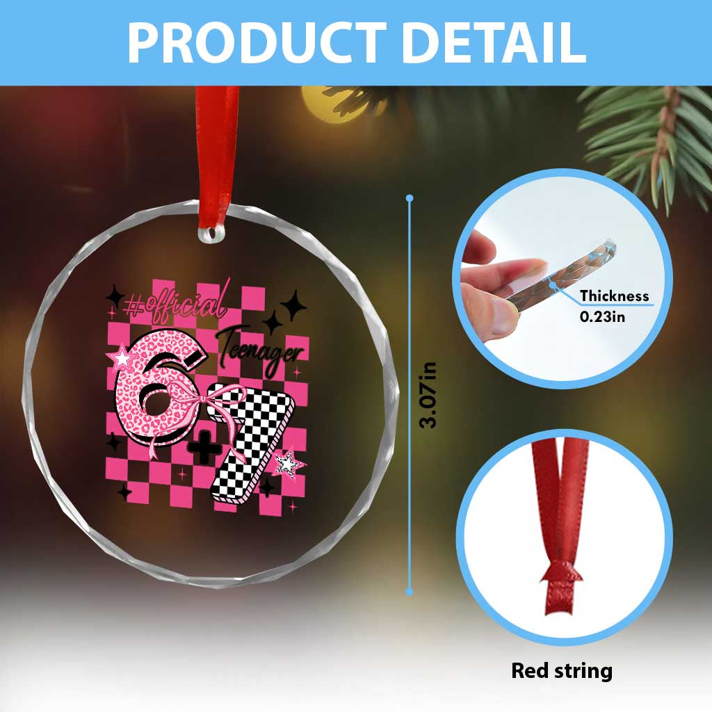 Funny 13th Birthday Official Teenager Crystal Glass Ornament 6+7 13 Year Old Kids Girls Pink Checkered 67 Meme TS10 Print Your Wear