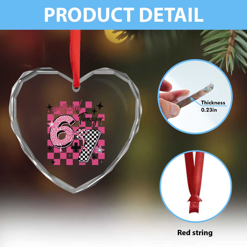 Funny 13th Birthday Official Teenager Heart Crystal Glass Ornament 6+7 13 Year Old Kids Girls Pink Checkered 67 Meme TS10 Print Your Wear
