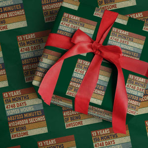 Funny 13th Birthday Wrapping Paper Roll 13 Years 156 Months 4748 Days Vintage Retro TS11 Green Print Your Wear