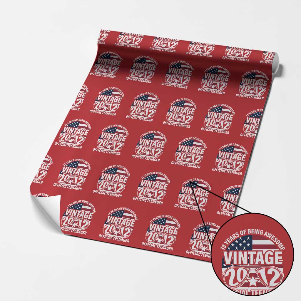 Funny 13th Birthday Wrapping Paper Roll Vintage 2012 Official Teenager 13 Years Of Being Awesome USA Flag Sunglasses - Print Your Wear