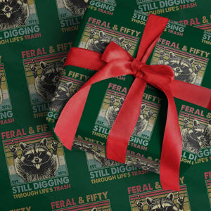 Funny 50th Birthday Wrapping Paper Roll Retro Racoon Feral And Fifty TS10 Green Print Your Wear