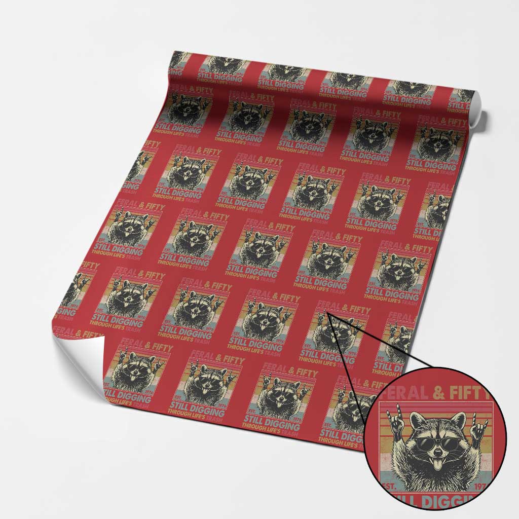 Funny 50th Birthday Wrapping Paper Roll Retro Racoon Feral And Fifty TS10 Red Print Your Wear