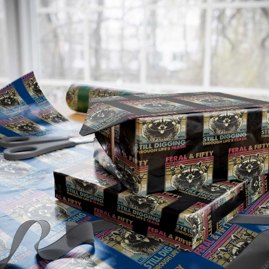 Funny 50th Birthday Wrapping Paper Roll Retro Racoon Feral And Fifty TS10 Black Print Your Wear