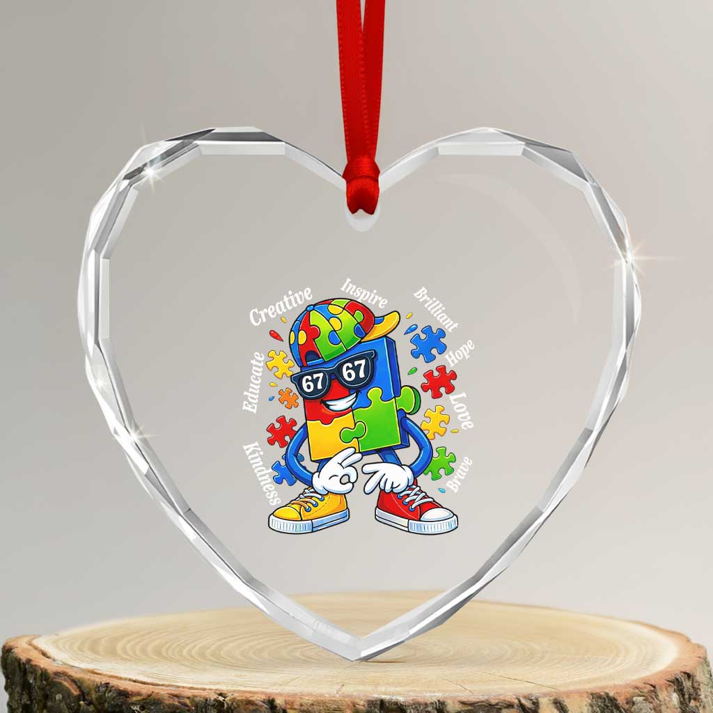 Funny 67 Autism Awareness Heart Crystal Glass Ornament Six Seven Puzzle Meme Creative Brilliant Hope Love Kindness TS11 Transparent Glass 3'' Heart Print Your Wear