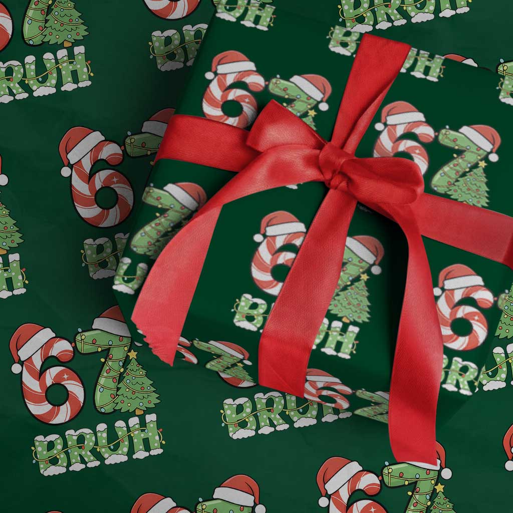 Funny 67 Bruh Christmas Wrapping Paper Roll Candy Cane and Xmas Tree Six Seven Meme Holiday Lights TS02 Green Print Your Wear