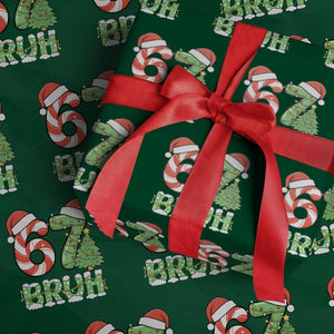 Funny 67 Bruh Christmas Wrapping Paper Roll Candy Cane and Xmas Tree Six Seven Meme Holiday Lights TS02 Green Print Your Wear