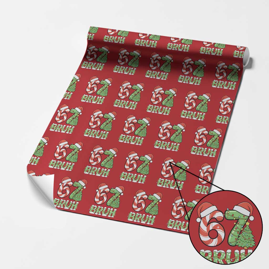 Funny 67 Bruh Christmas Wrapping Paper Roll Candy Cane and Xmas Tree Six Seven Meme Holiday Lights TS02 Red Print Your Wear