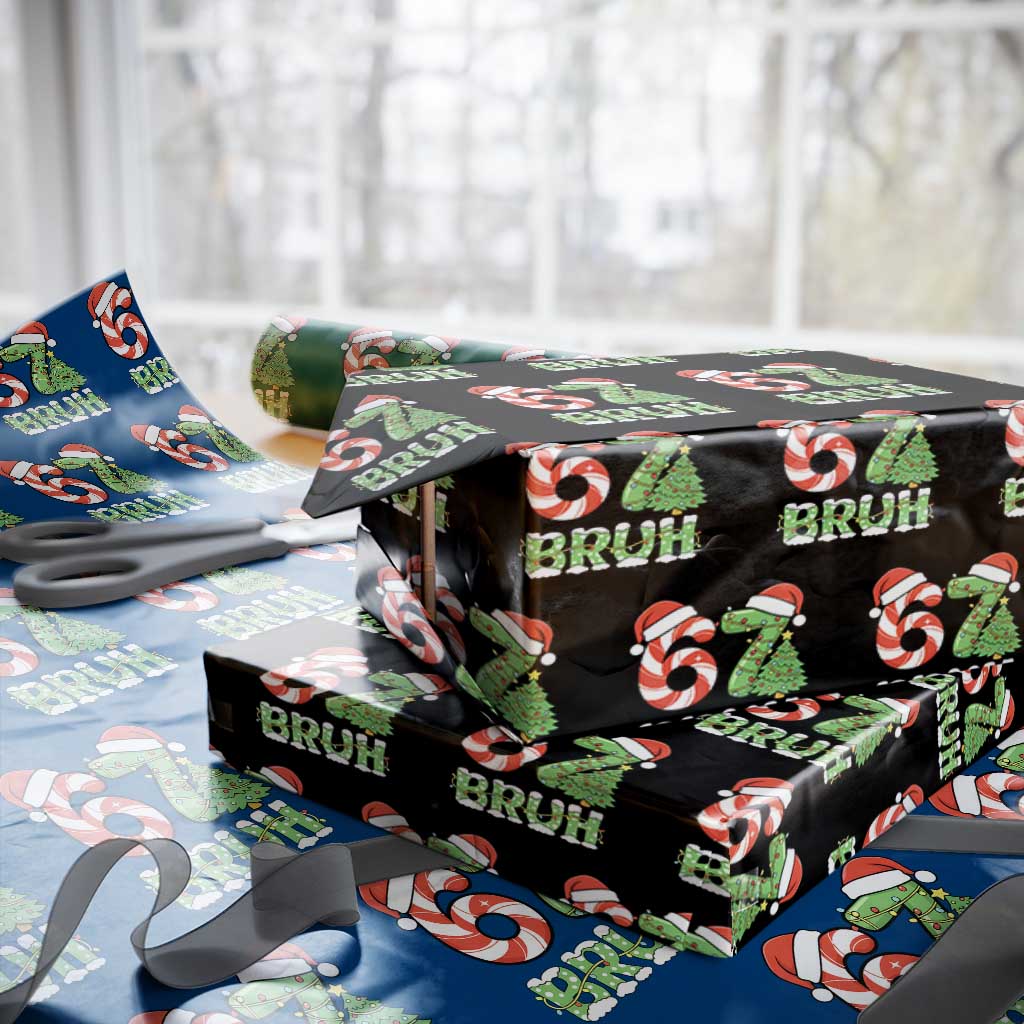 Funny 67 Bruh Christmas Wrapping Paper Roll Candy Cane and Xmas Tree Six Seven Meme Holiday Lights TS02 Black Print Your Wear