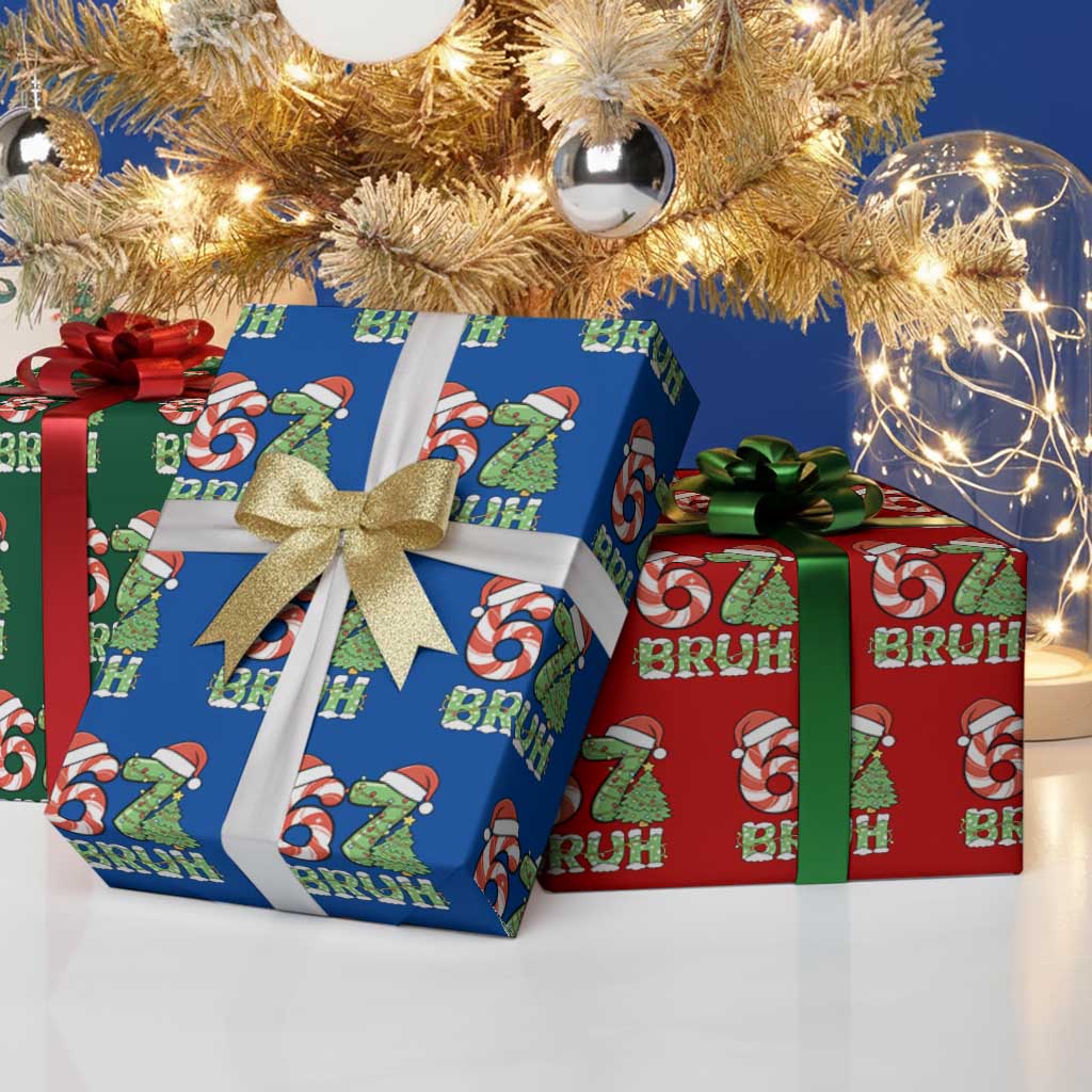 Funny 67 Bruh Christmas Wrapping Paper Roll Candy Cane and Xmas Tree Six Seven Meme Holiday Lights TS02 Print Your Wear