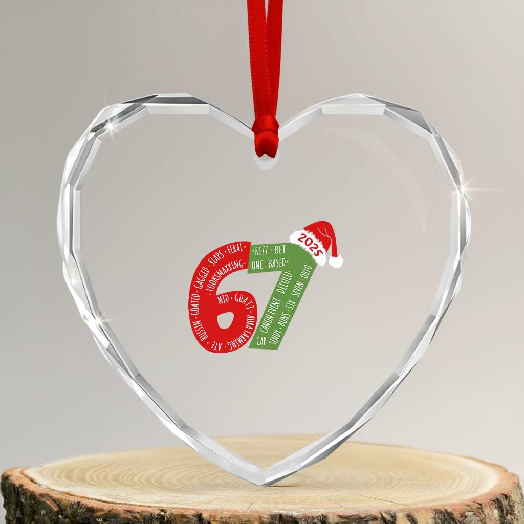 Funny 67 Christmas Heart Crystal Glass Ornament Rizz Aura Farming Bussin Six Seven Meme Gen Alpha TS11 Transparent Glass 3'' Heart Print Your Wear
