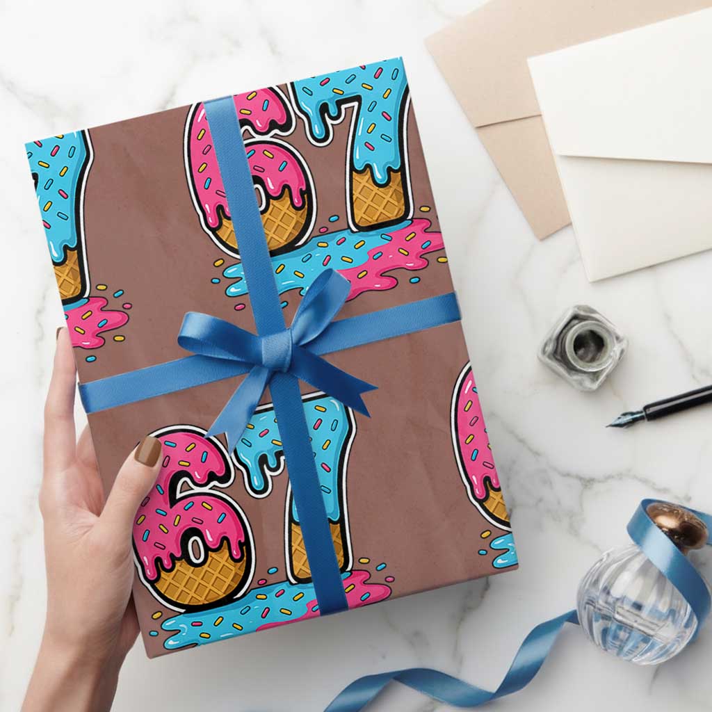 Funny 67 Ice Cream Drip Meme Six Seven Gen Alpha Slang Wrapping Paper Roll TS11 Mocha Print Your Wear