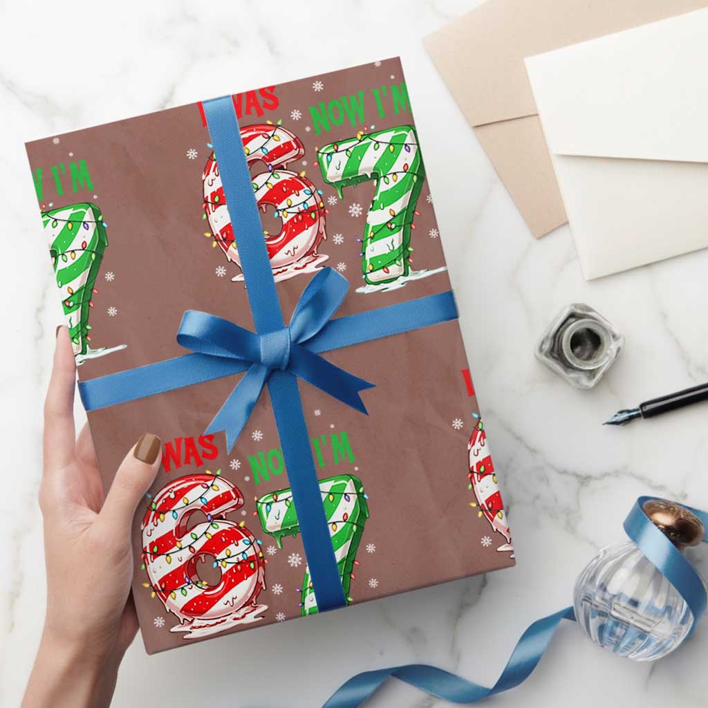 Funny 67 Meme 7 Year Old Birthday Christmas Wrapping Paper Roll I Was 6 Now I Am 7 Brainrot TS11 Mocha Print Your Wear