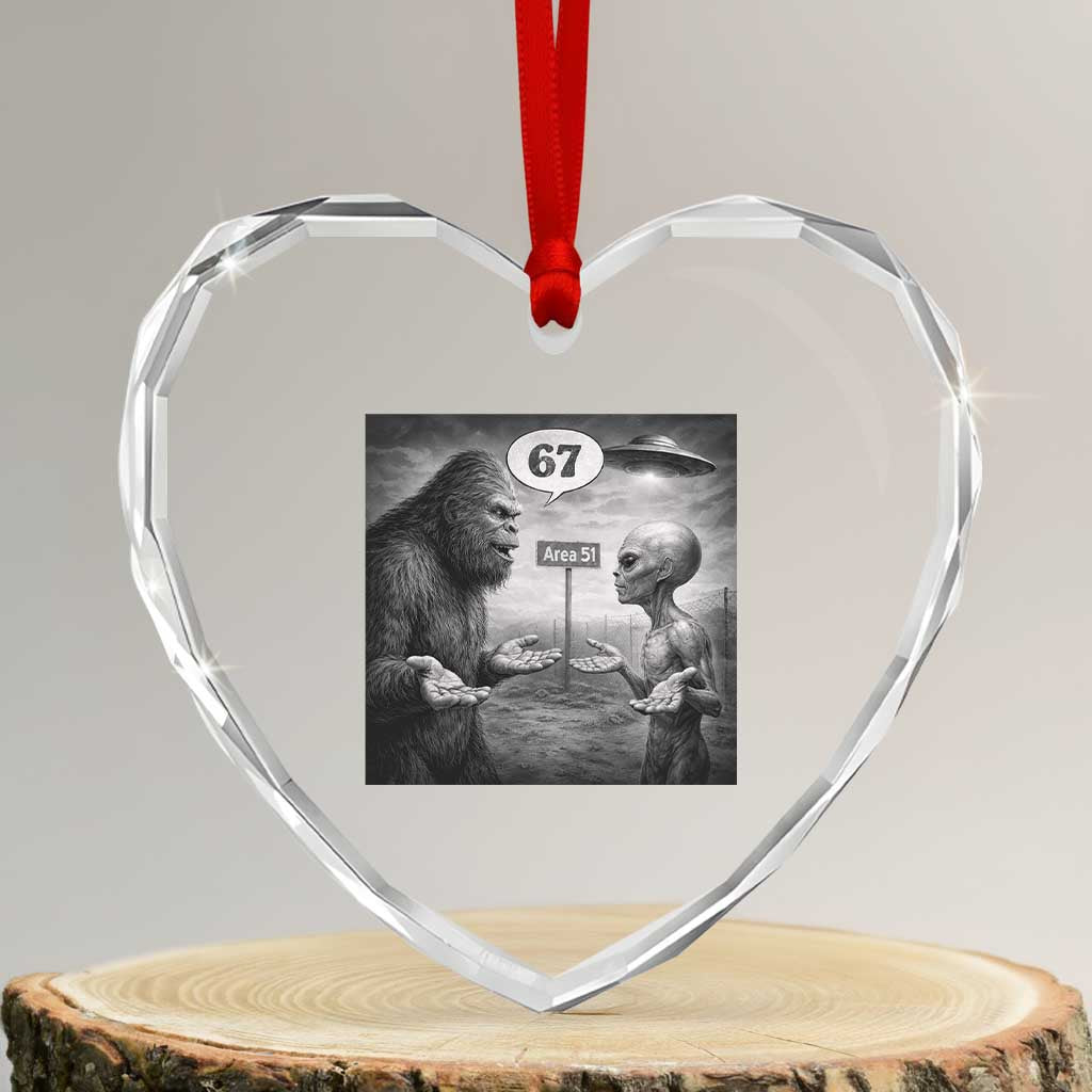 Funny 67 Meme Bigfoot Alien Heart Crystal Glass Ornament Six Seven Sasquatch Area 51 UFO Conspiracy TS10 Transparent Glass 3'' Heart Print Your Wear