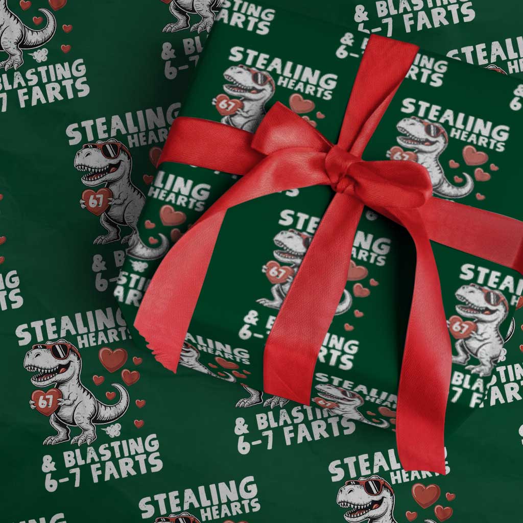 Funny 67 Meme Valentines Day Dinosaur Wrapping Paper Roll Stealing Hearts And Blasting 67 Farts TS11 Green Print Your Wear