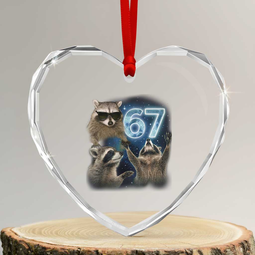 Funny 67 Raccoon Meme Heart Crystal Glass Ornament Howling at The Moon Funny Six Seven Weird Cursed TS10 Transparent Glass 3'' Heart Print Your Wear
