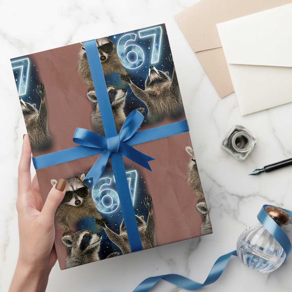 Funny 67 Raccoon Meme Wrapping Paper Roll Howling at The Moon Funny Six Seven Weird Cursed TS10 Mocha Print Your Wear