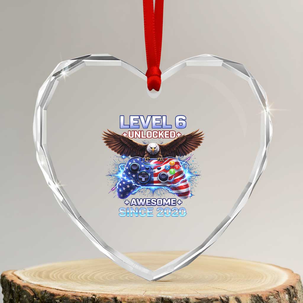 Funny 6th Birthday Heart Crystal Glass Ornament Level 6 Unlocked Awesome Since 2020 USA Gamer TS11 Transparent Glass 3'' Heart Print Your Wear