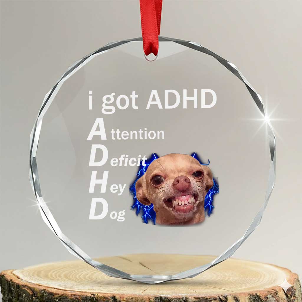 Funny ADHD Dog Meme Crystal Glass Ornament Attention Deficit Hey Dog Humor Lovers TS10 Transparent Glass 3'' Circle Print Your Wear