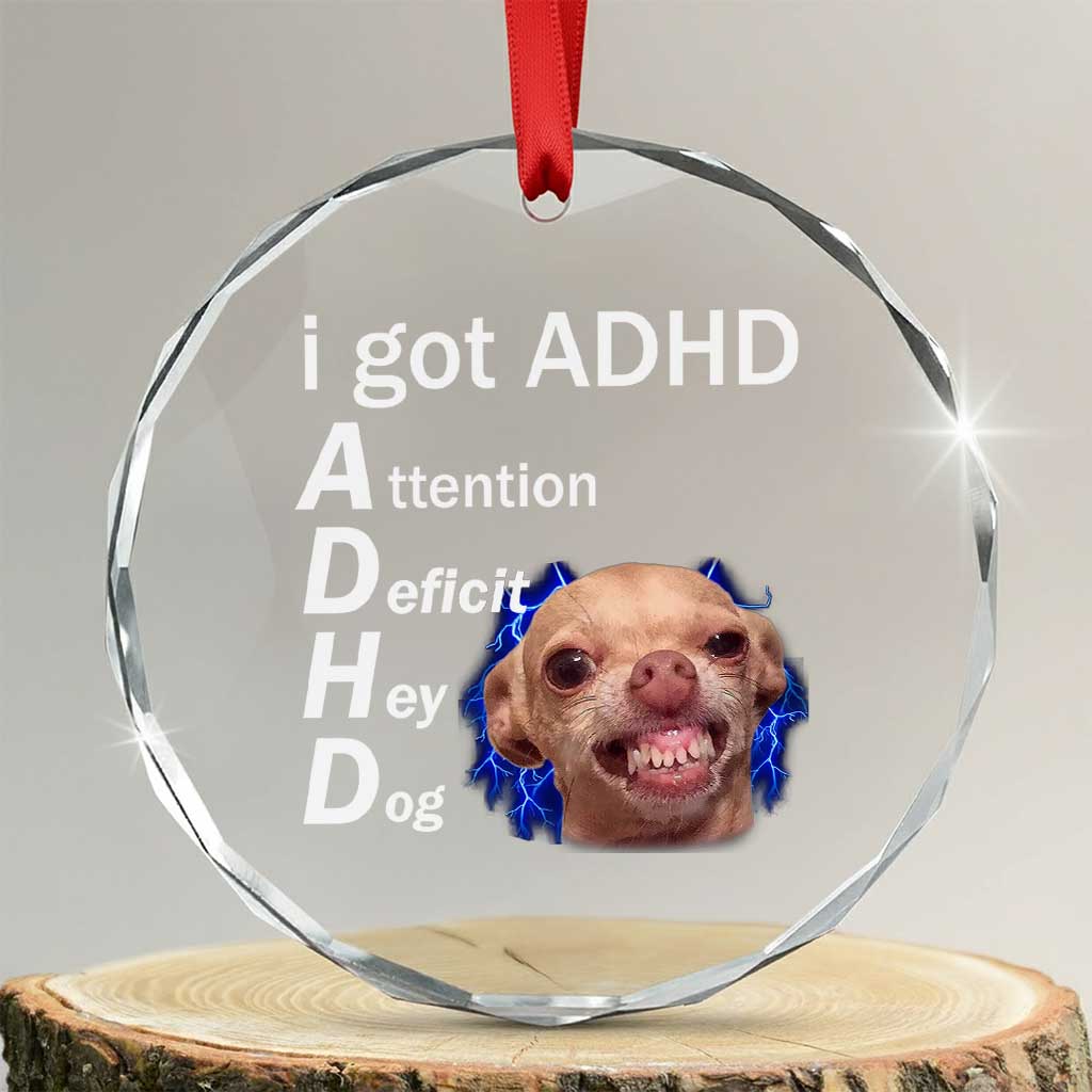 Funny ADHD Dog Meme Crystal Glass Ornament Attention Deficit Hey Dog Humor Lovers TS10 Transparent Glass 3'' Circle Print Your Wear