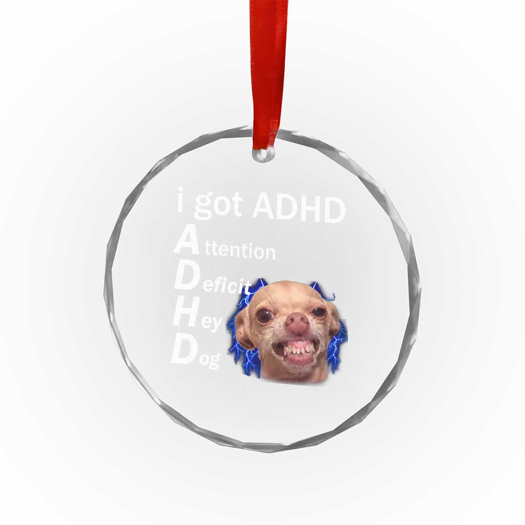 Funny ADHD Dog Meme Crystal Glass Ornament Attention Deficit Hey Dog Humor Lovers TS10 Transparent Glass 3'' Circle Print Your Wear