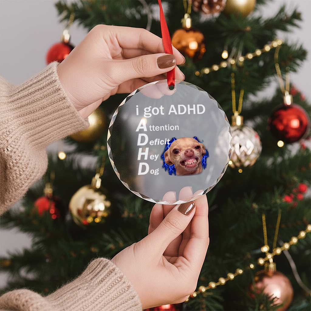 Funny ADHD Dog Meme Crystal Glass Ornament Attention Deficit Hey Dog Humor Lovers TS10 Print Your Wear