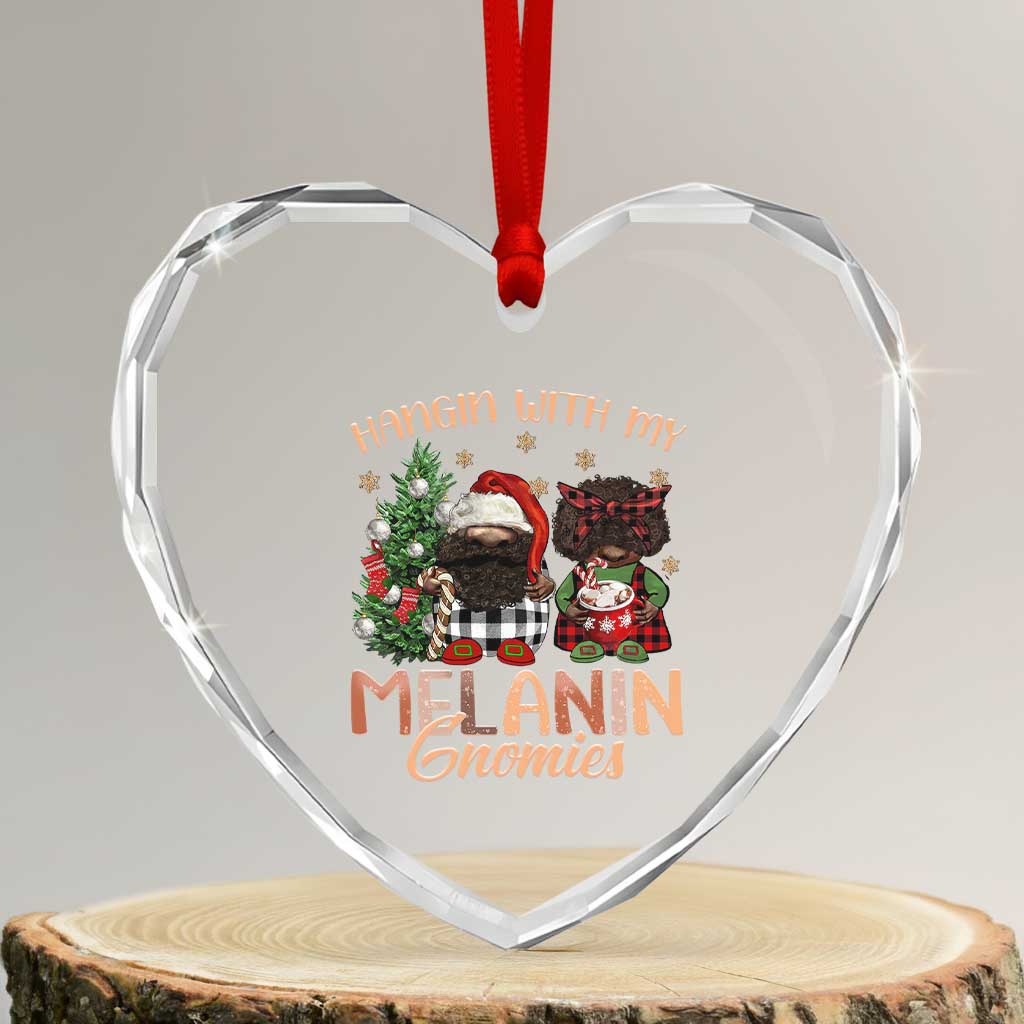 Funny African American Xmas Heart Crystal Glass Ornament Hangin With My Melanin Gnomies Afro Gnomes TS11 Transparent Glass 3'' Heart Print Your Wear