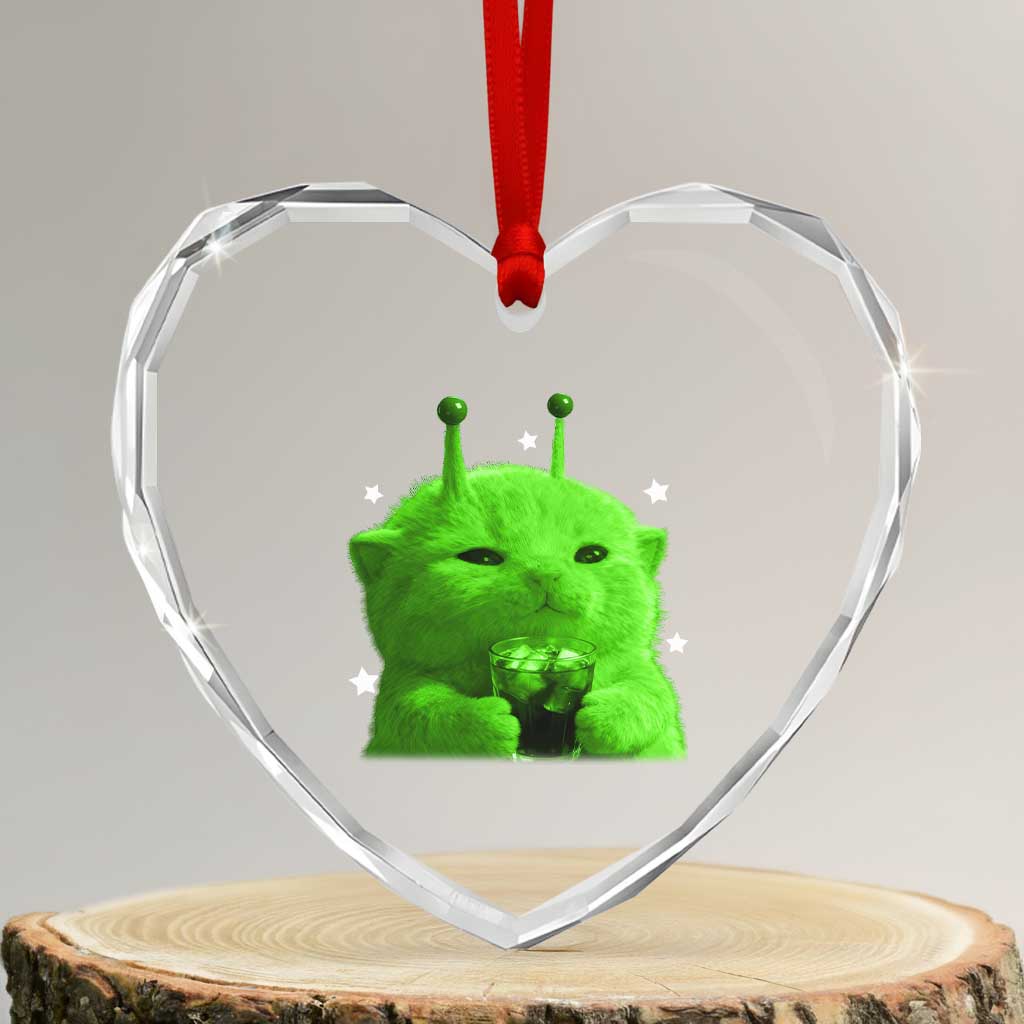 Funny Alien Cat Meme Heart Crystal Glass Ornament Funny Kitten 90s Retro Vintage Graphic Weird Cats Y2k TS10 Transparent Glass 3'' Heart Print Your Wear