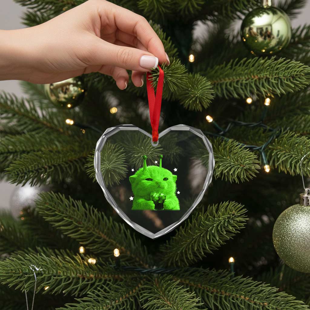 Funny Alien Cat Meme Heart Crystal Glass Ornament Funny Kitten 90s Retro Vintage Graphic Weird Cats Y2k TS10 Print Your Wear