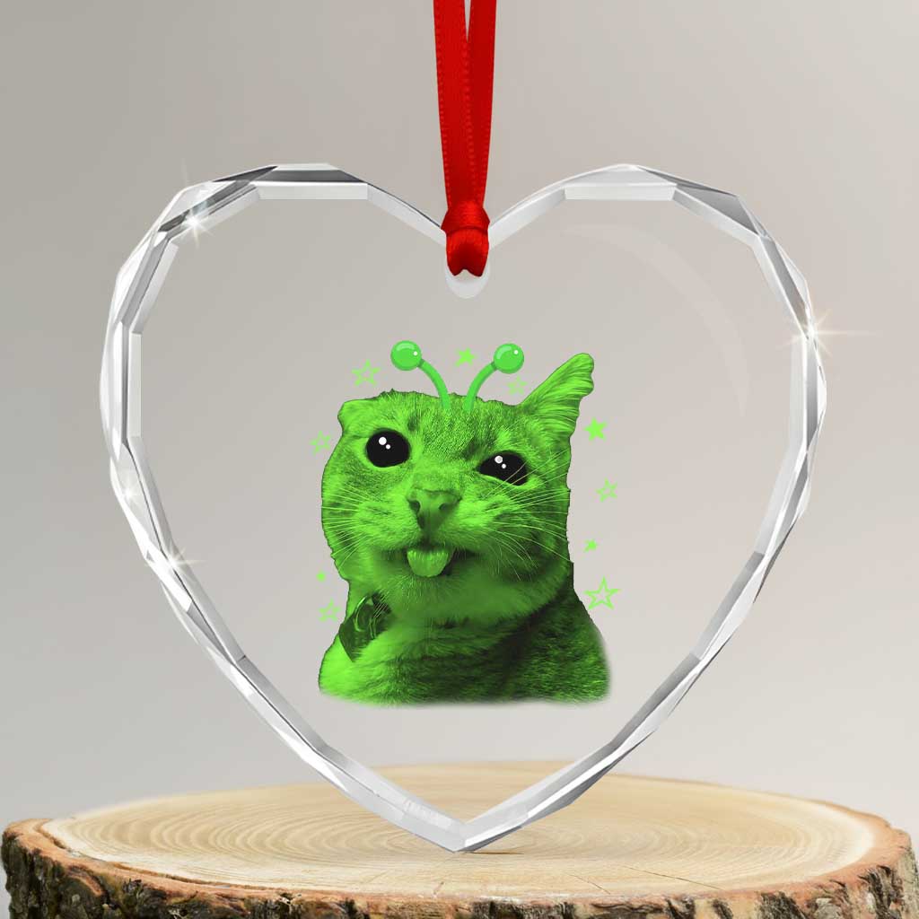 Funny Alien Cat Meme Retro Y2K Vintage Space Kitty Heart Crystal Glass Ornament TS10 Transparent Glass 3'' Heart Print Your Wear