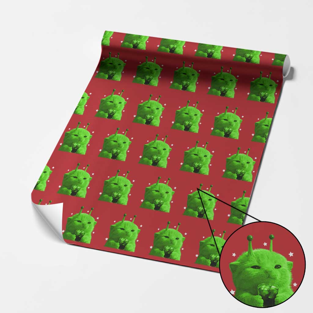 Funny Alien Cat Meme Wrapping Paper Roll Funny Kitten 90s Retro Vintage Graphic Weird Cats Y2k TS10 Red Print Your Wear
