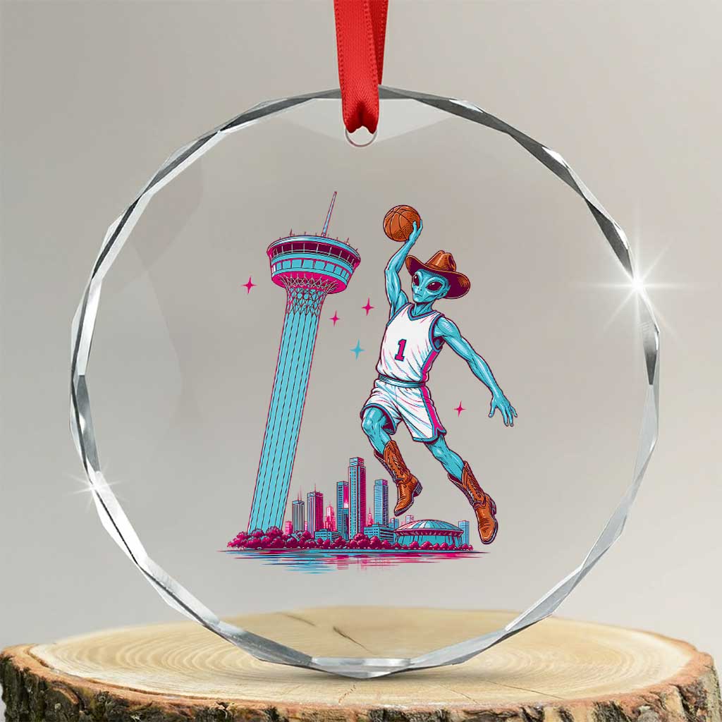 Funny Alien Cowboy Dunking Basketball Crystal Glass Ornament San Antonio Skyline