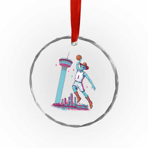 Funny Alien Cowboy Dunking Basketball Crystal Glass Ornament San Antonio Skyline