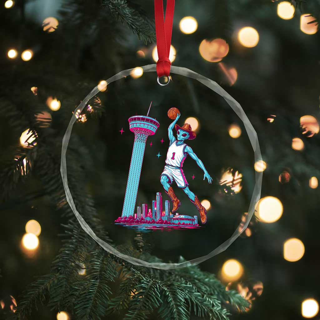 Funny Alien Cowboy Dunking Basketball Crystal Glass Ornament San Antonio Skyline