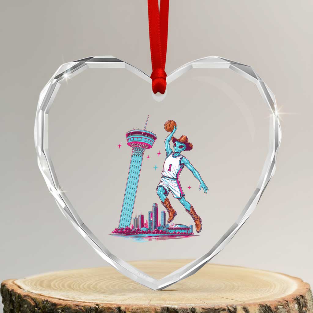 Funny Alien Cowboy Dunking Basketball Heart Crystal Glass Ornament San Antonio Skyline