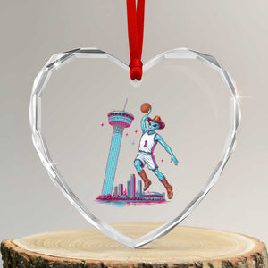 Funny Alien Cowboy Dunking Basketball Heart Crystal Glass Ornament San Antonio Skyline