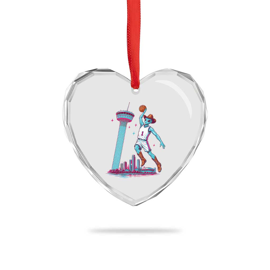 Funny Alien Cowboy Dunking Basketball Heart Crystal Glass Ornament San Antonio Skyline