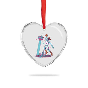 Funny Alien Cowboy Dunking Basketball Heart Crystal Glass Ornament San Antonio Skyline