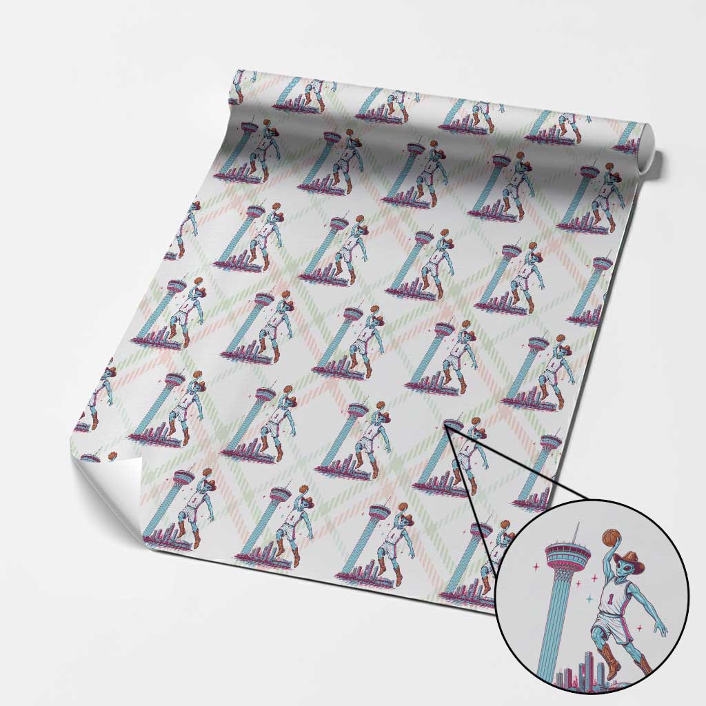 Funny Alien Cowboy Dunking Basketball Wrapping Paper Roll San Antonio Skyline