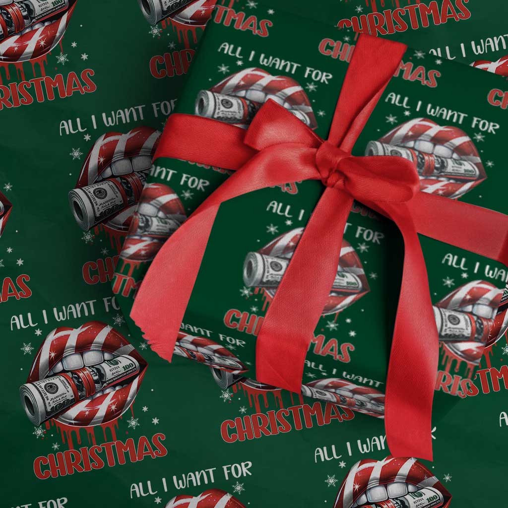 Funny All I Want For Christmas Is Money Wrapping Paper Roll Candy Cane Lips TS11 Green Print Your Wear