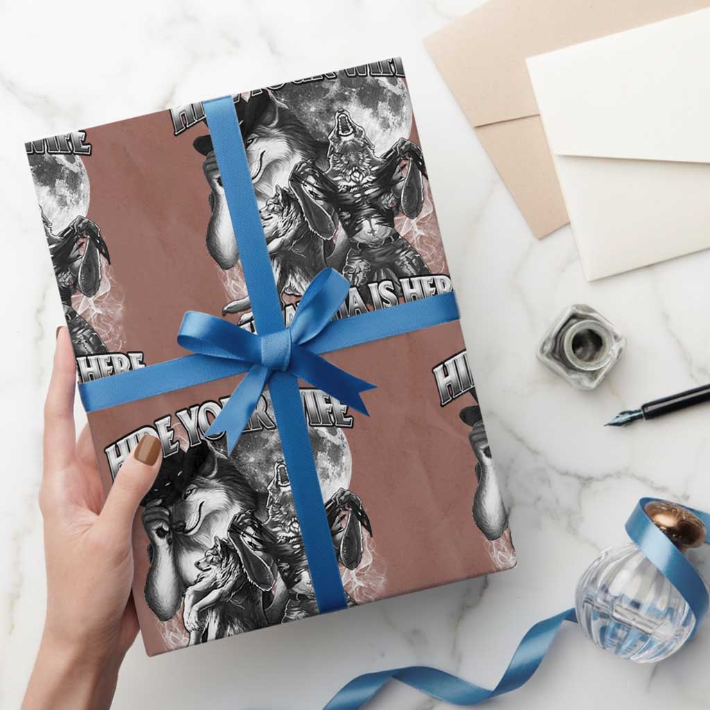 Funny Alpha Wolf Meme Wrapping Paper Roll Hide Your Wife The Alpha Is Here Humorous Cringe TS02 Mocha Print Your Wear