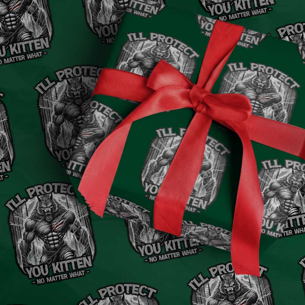 Funny Alpha Wolf Meme Wrapping Paper Roll I'll Protect You Kitten Humorous Cringe TS02 Green Print Your Wear