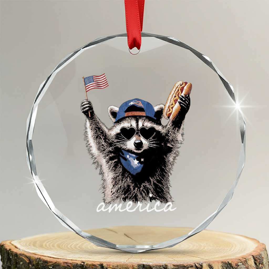 Funny America Raccoon Happy 4th of July Crystal Glass Ornament Holding Hotdog and US Flag Patriotic Graphic TS02 Transparent Glass 3'' Circle Print Your Wear
