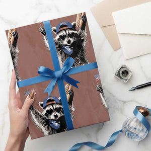 Funny America Raccoon Happy 4th of July Wrapping Paper Roll Holding Hotdog and US Flag Patriotic Graphic
