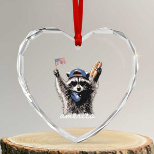 Funny America Raccoon Happy 4th of July Heart Crystal Glass Ornament Holding Hotdog and US Flag Patriotic Graphic