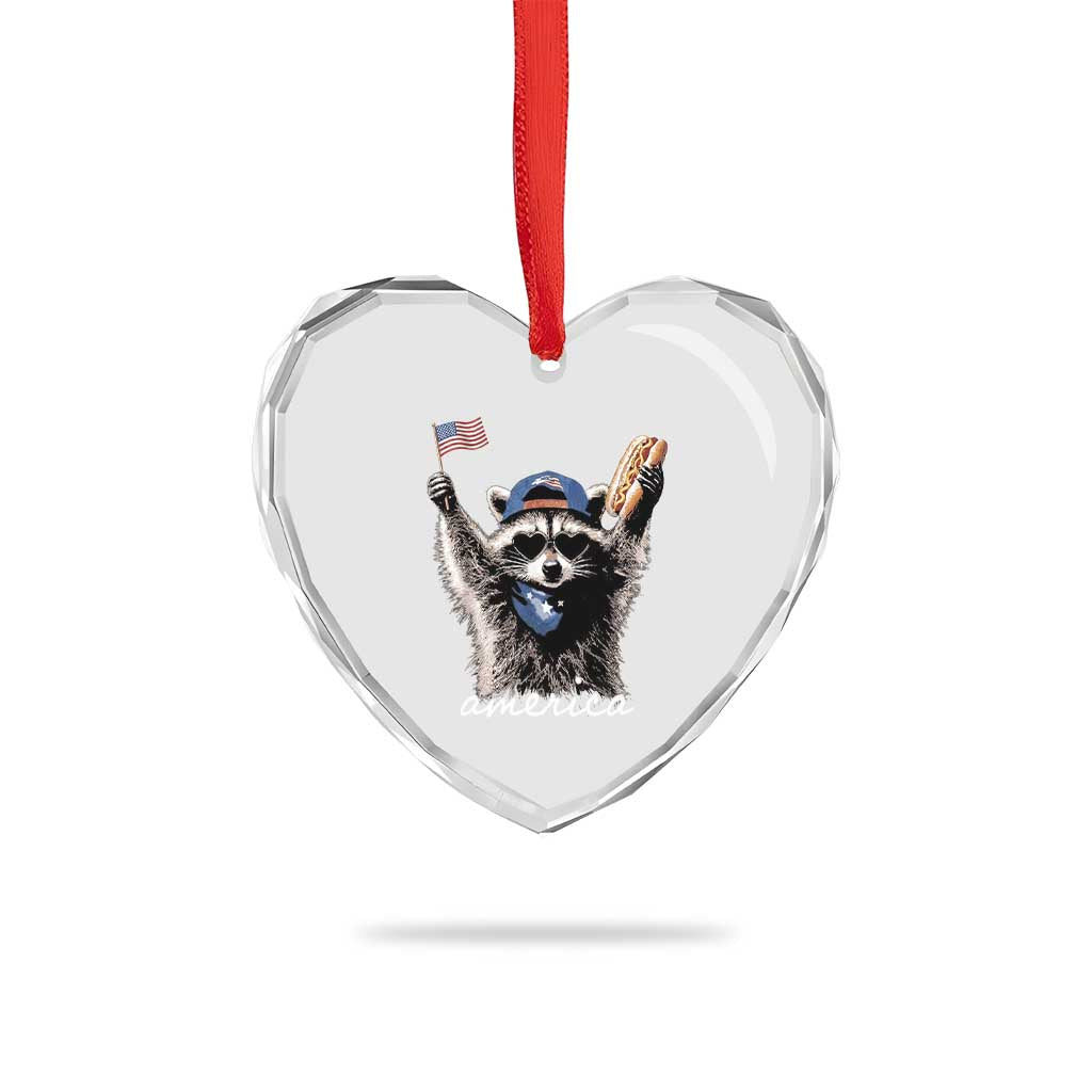 Funny America Raccoon Happy 4th of July Heart Crystal Glass Ornament Holding Hotdog and US Flag Patriotic Graphic
