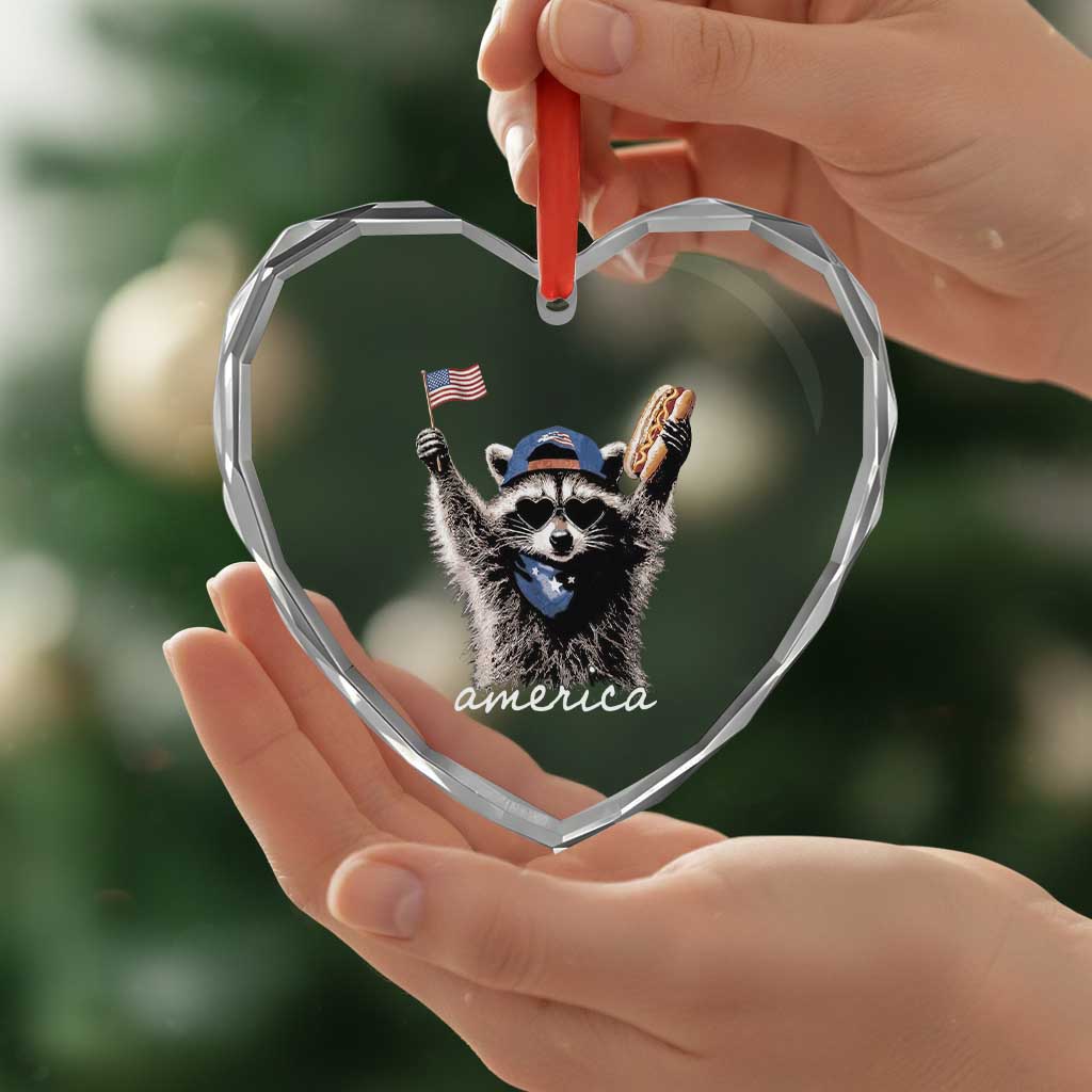 Funny America Raccoon Happy 4th of July Heart Crystal Glass Ornament Holding Hotdog and US Flag Patriotic Graphic